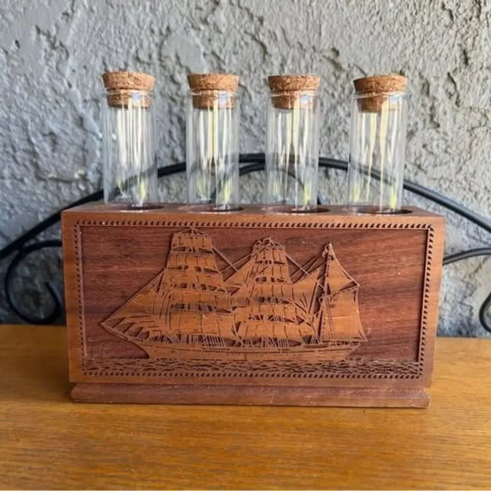 walnut wooden bud vase holder with four glass tubes